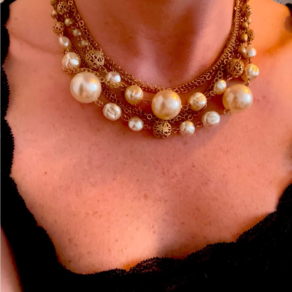Multi-layered faux pearl gold necklace